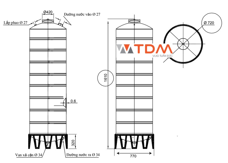 Bản vẽ bồn chứa nước inox 700 lít Đại Thành SUS 304