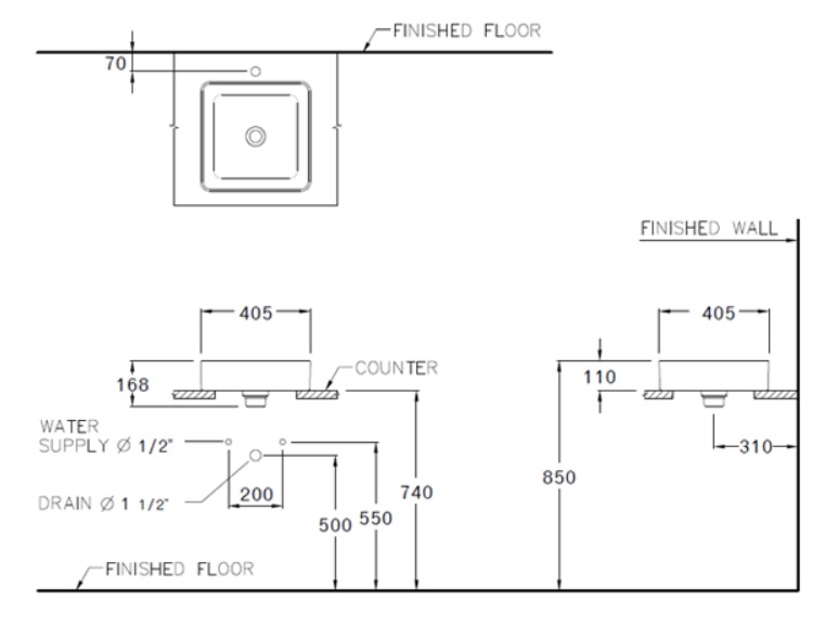 Bản vẽ kỹ thuật chậu lavabo đặt bàn Cotto C003417