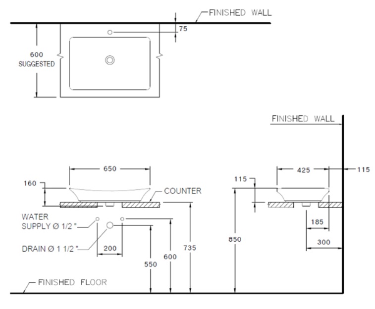 Bản vẽ kỹ thuật chậu lavabo đặt bàn Cotto C09117