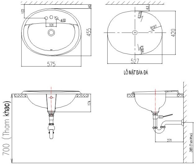 Bản vẽ kỹ thuật chậu lavabo AL-2395V