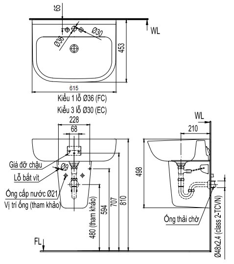 Bản vẽ bồn rửa mặt lavabo INAX L298V kèm chân L298VC