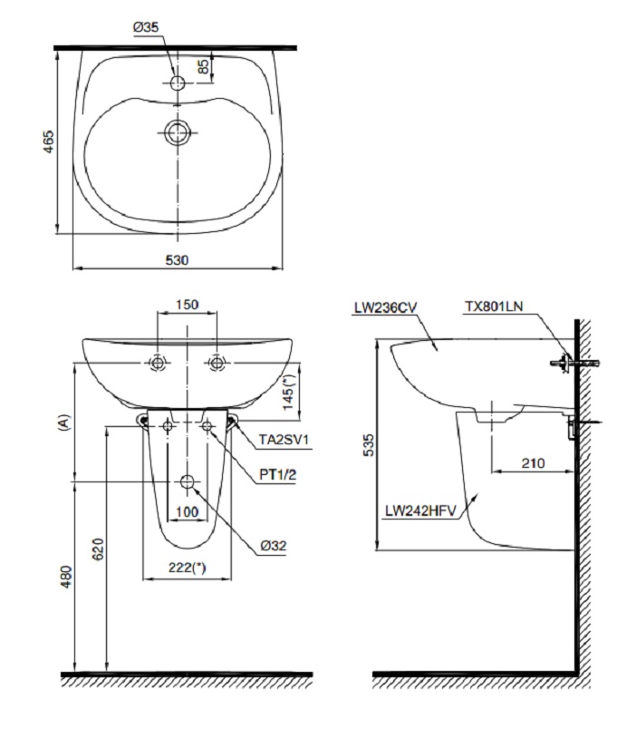 Bản vẽ bồn rửa mặt lavabo TOTO LHT236CR