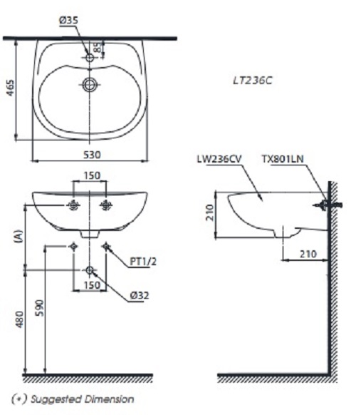 Bản vẽ bồn rửa mặt lavabo TOTO LT236CS