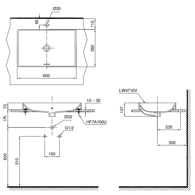 Bản vẽ chậu rửa mặt TOTO LT4716