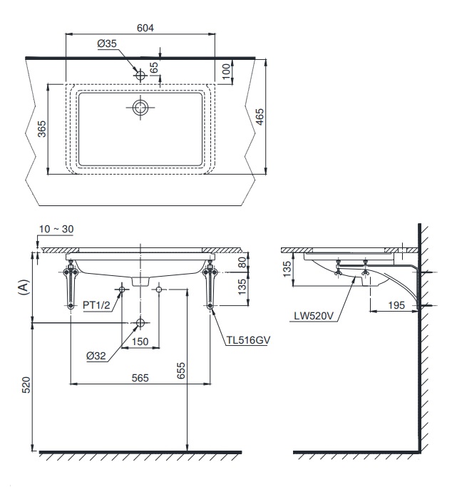 Bản vẽ bồn rửa mặt lavabo TOTO LT520T