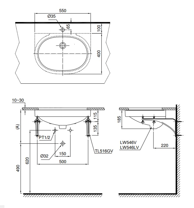 Bản vẽ bồn rửa mặt lavabo TOTO LT546