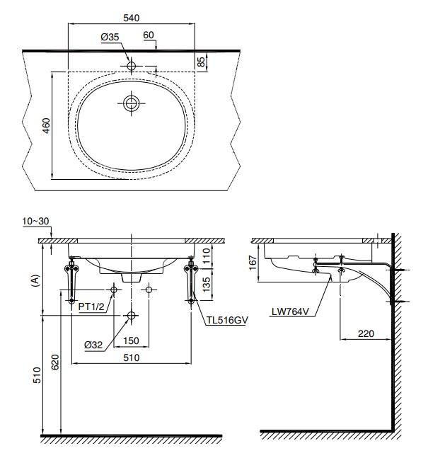 Bản vẽ bồn rửa mặt lavabo TOTO LT764