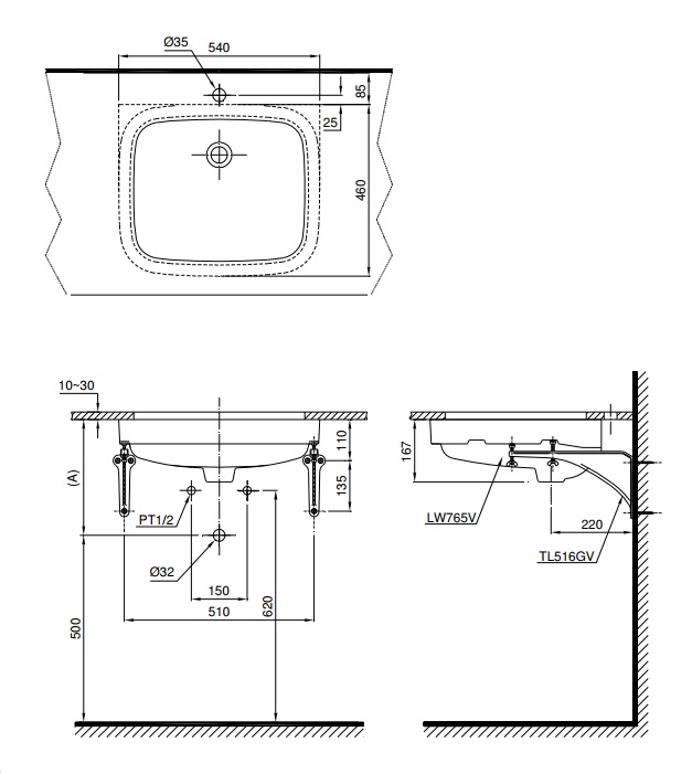 Bản vẽ bồn rửa mặt lavabo TOTO LT765