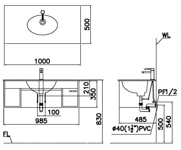 Bản vẽ kĩ thuật lavabo treo tường Caesar LF5028+EH6100V​​​