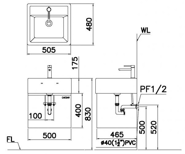 Bản vẽ kỹ thuật chậu rửa mặt LF5236 EH150V treo tường