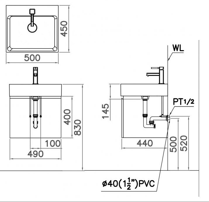 Bản vẽ kỹ thuật chậu rửa mặt LF5253 EH152V treo tường