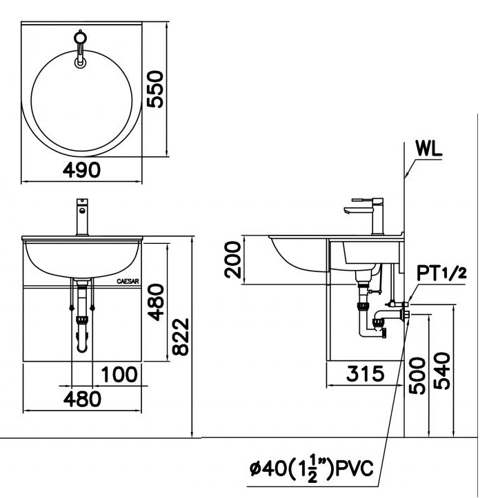 Bản vẽ kỹ thuật lavabo Caesar LF5302