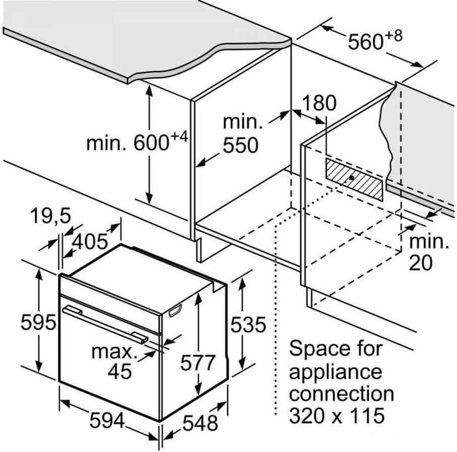 Bản vẽ lò nướng âm tủ HBG655BS1M Bosch 71 lít