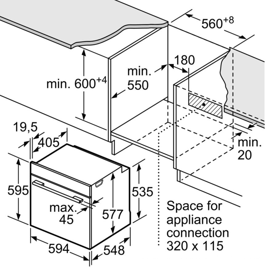 Bản vẽ lò nướng âm tủ HBG655HS1A Bosch 71 lít