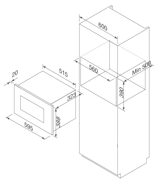 Bản vẽ kỹ thuật MW-820B lò vi sóng kết hợp nướng âm tủ Malloca