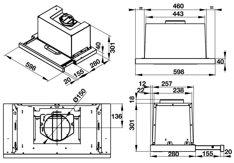 Bản vẽ kỹ thuật máy hút mùi âm tủ HH-TG60E Hafele