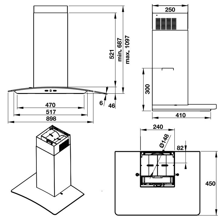 Bản vẽ kỹ thuật máy hút mùi âm tủ HH-WG90B Hafele 539.81.185 