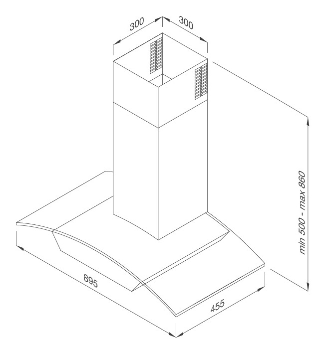 Bản vẽ kỹ thuật máy hút mùi áp tường MC 9018HS Malloca