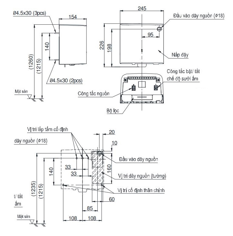 Bản vẽ máy sấy TOTO TYC322WF