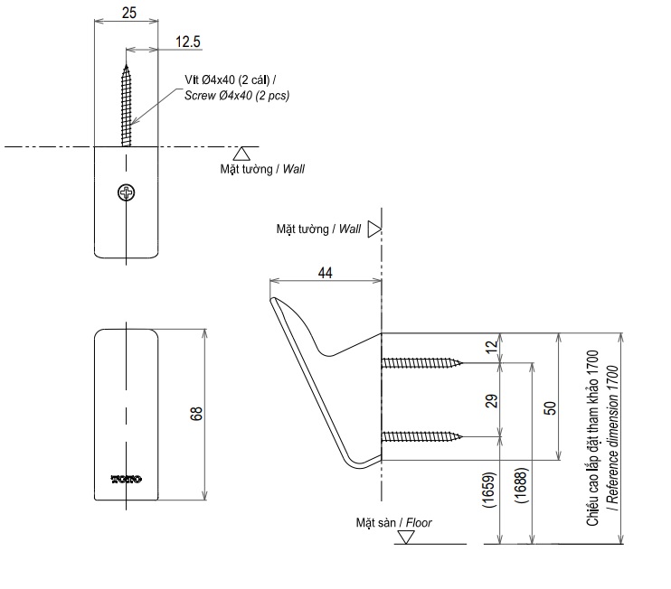 Bản vẽ móc áo YRH902V TOTO