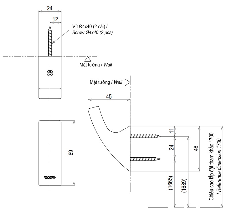 Bản vẽ móc YRH903V TOTO