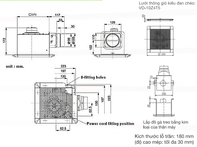 Bản vẽ kỹ thuật quạt hút thông gió âm trần VD-23ZP4T3/5 Mitsubishi