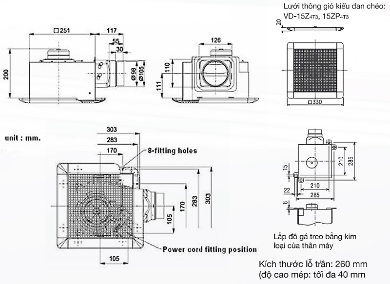 Bản vẽ kỹ thuật quạt hút thông gió âm trần VD-15Z4T5-D Mitsubishi
