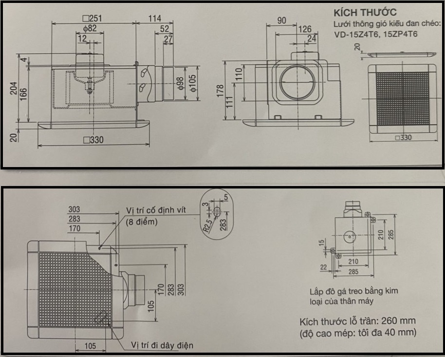 Bản vẽ kỹ thuật quạt hút thông gió âm trần VD-15PZ4T6 Mitsubishi