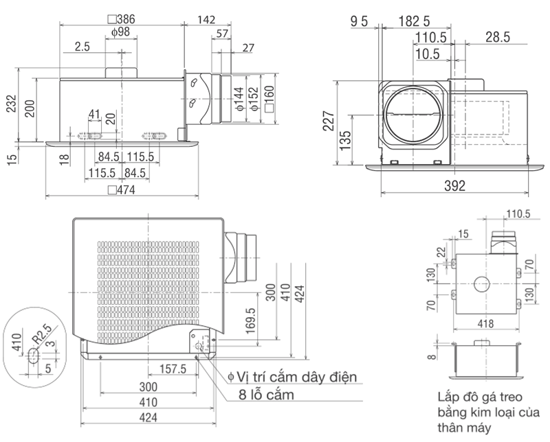 Bản vẽ kỹ thuật quạt hút thông gió âm trần VD-23Z4T3/5 Mitsubishi 