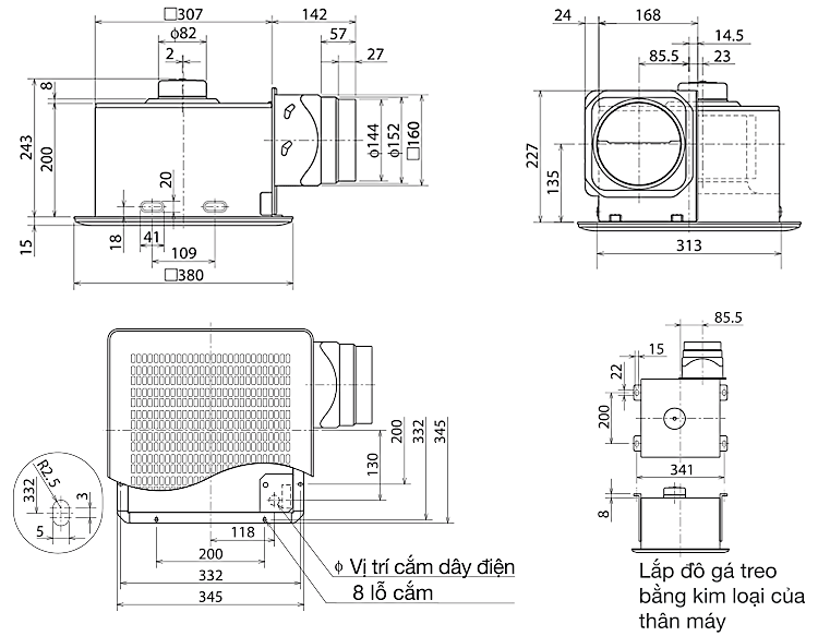 Bản vẽ kỹ thuật quạt hút thông gió âm trần VD-23ZP4T3/5 Mitsubishi