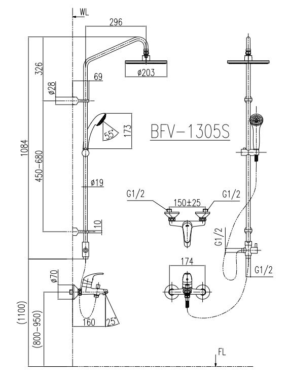 Bản vẽ sen cây INAX BFV-1305S nóng lạnh