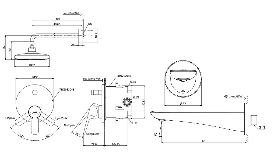 bản vẽ vòi sen TOTO TBG03304B/TBW01004A/TBG01001B âm tường