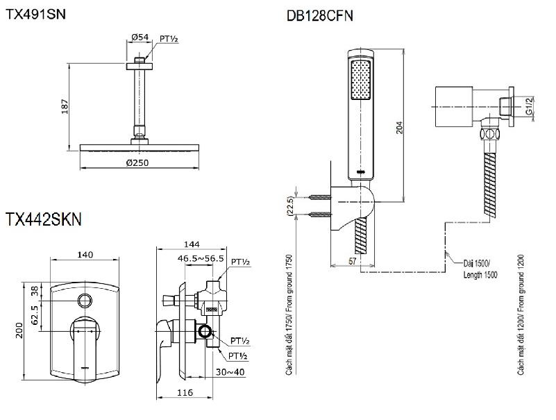 Bản vẽ bộ sen tắm TOTO TX491SN TX442SKN DB128CFN