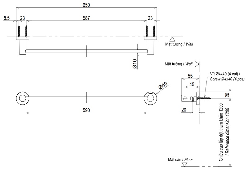 Bản vẽ thanh vắt khăn TOTO YT406S6RV