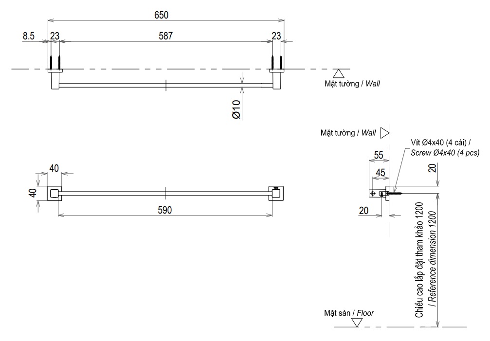 Bản vẽ thanh vắt khăn TOTO YT408S6RV