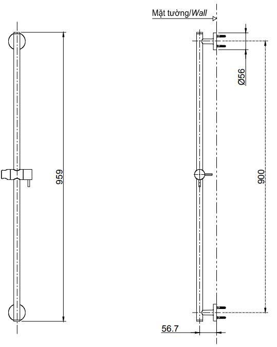 Bản vẽ thanh trượt tay sen TBW01015B TOTO