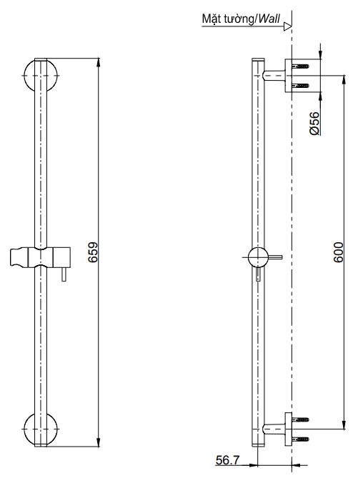 Bản vẽ thanh trượt tay sen TBW01016B TOTO