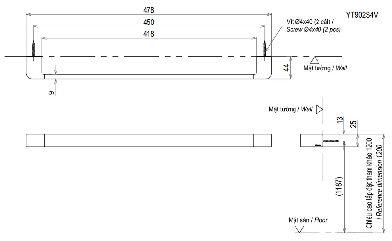 Bản vẽ thanh vắt khăn TOTO YT902S4V