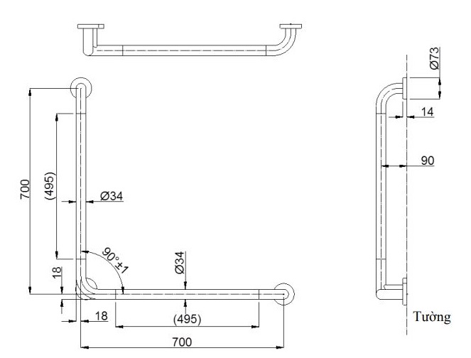 Bản vẽ thanh vịn T113BL9 T110D3R(X3) TOTO