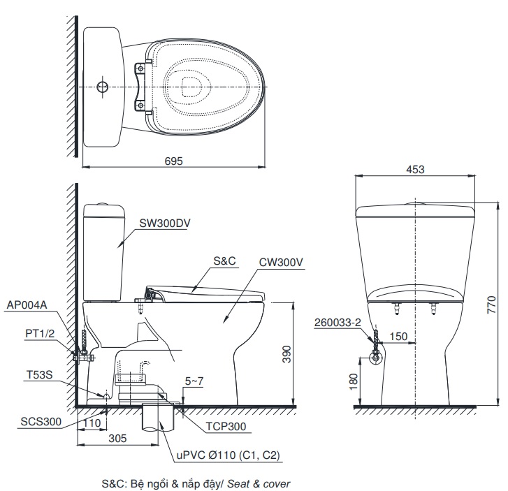 Bản vẽ kỹ thuật xí bệt TOTO CS300DRT8