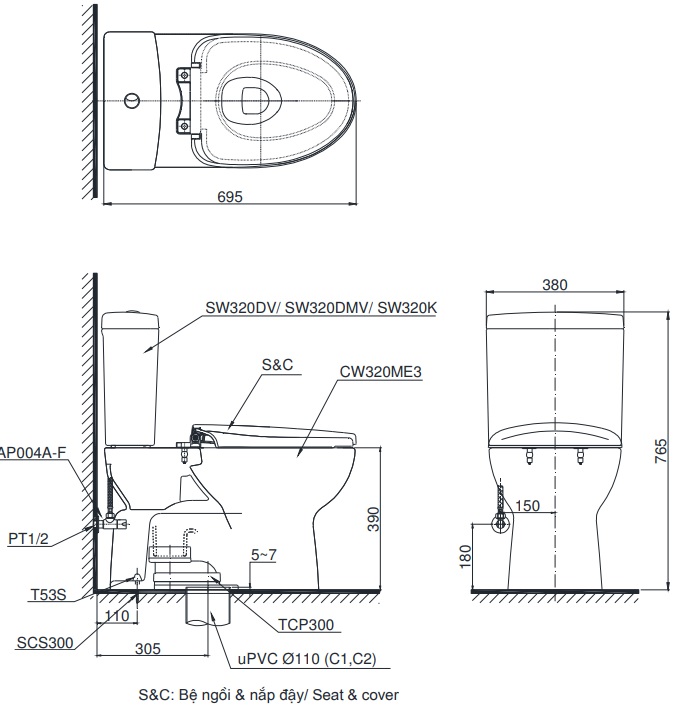 Bản vẽ kỹ thuật xí bệt TOTO C325drt8