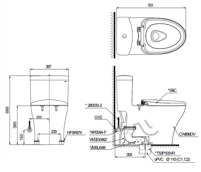 bản vẽ bồn cầu TOTO MS889DT2