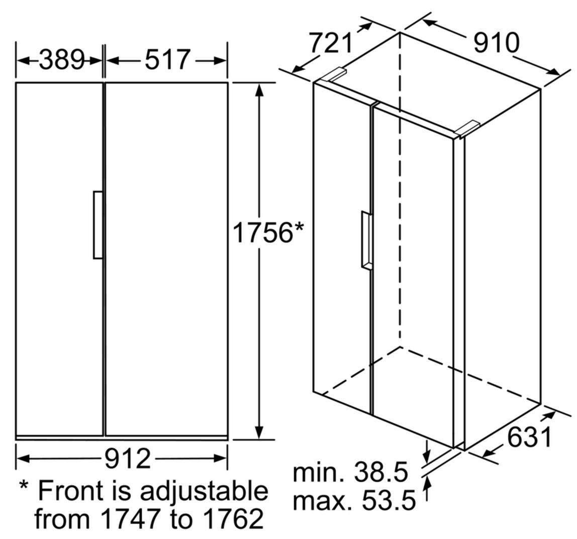 Bản vẽ tủ lạnh HMH KAN92VI350 Bosch side by side