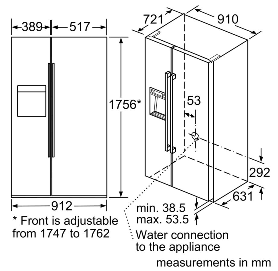 Bản vẽ tủ lạnh HMH KAI90VI20G Bosch side by side