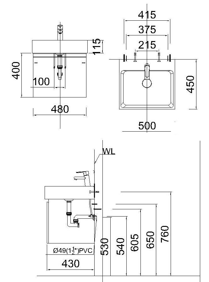 Bản vẽ kỹ thuật chậu rửa mặt LF5253 EH152TG treo tường