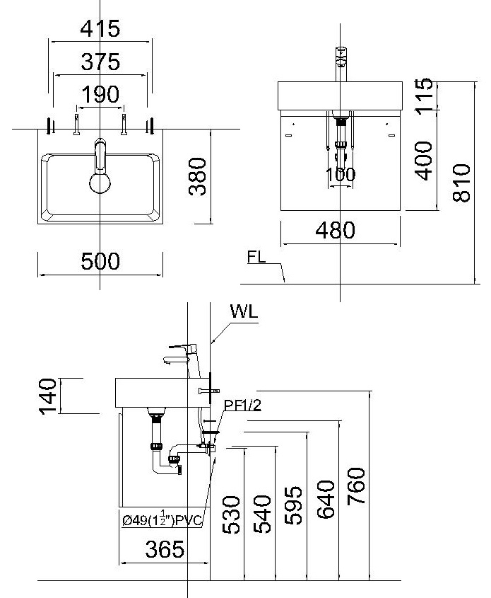 Bản vẽ kỹ thuật bộ tủ lavabo Caesar LF5259+EH15TG màu xám đậm