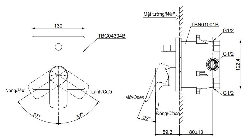 Bản vẽ van điều chỉnh nước TOTO TBG04304B/TBN01001B