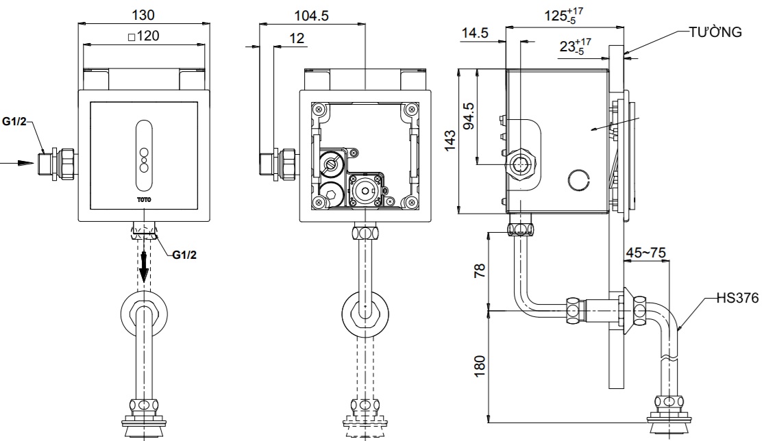 Bản vẽ van xả tiểu nam TTUE602DN TOTO âm tường