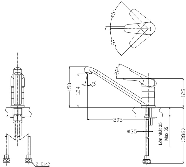 Bản vẽ vòi bếp nóng lạnh TTKC301F TOTO