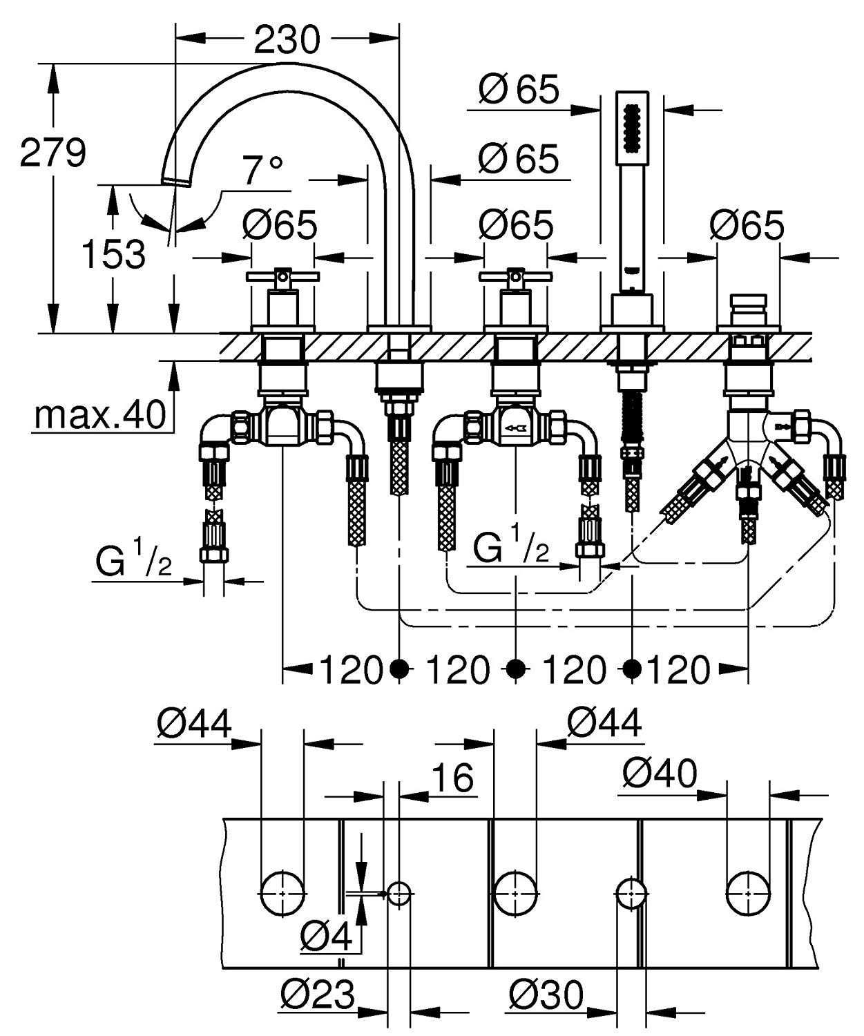 Bản vẽ sen tắm xả bồn Grohe 19923003 có tay sen cầm tay